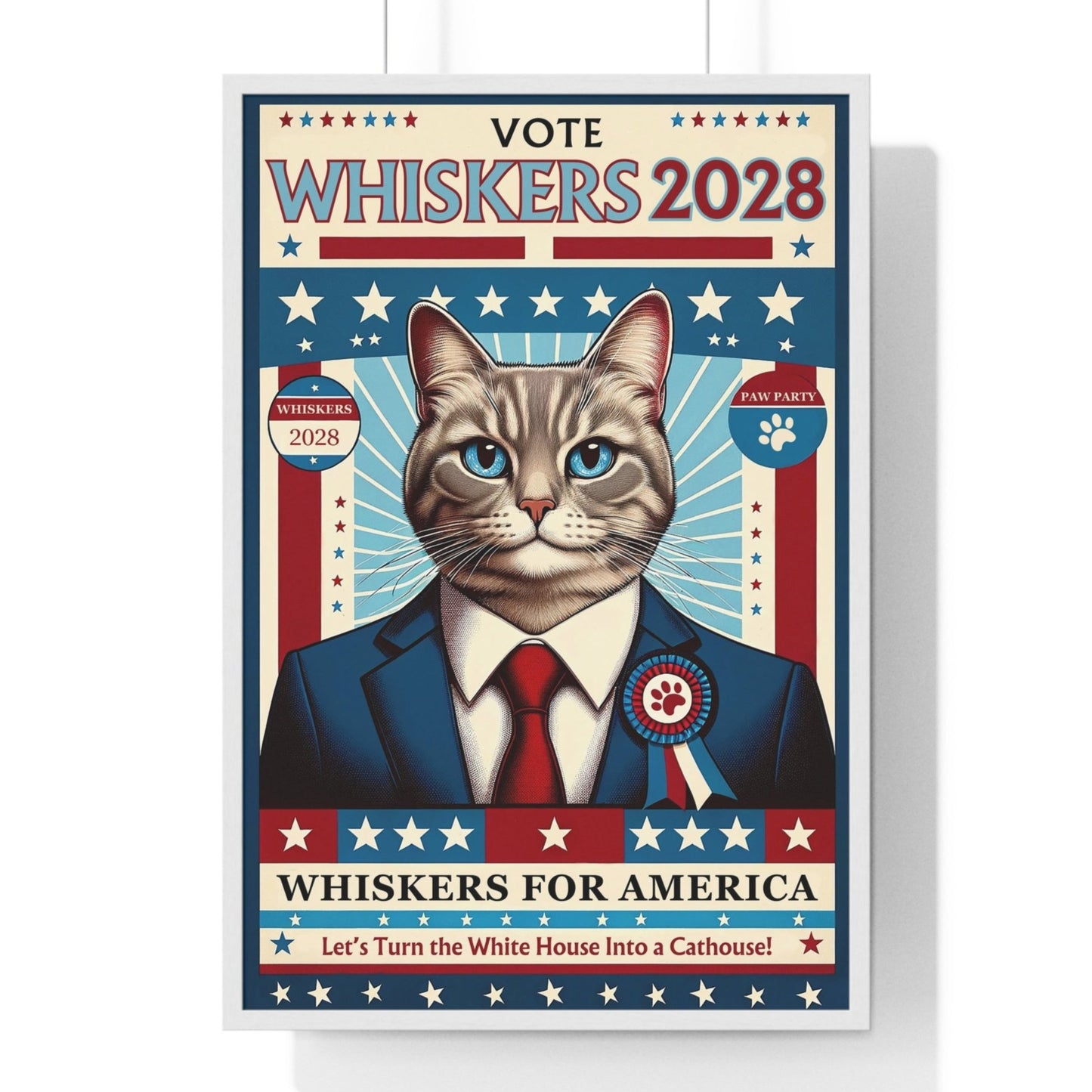Framed poster featuring a retro-style campaign image of Whiskers the cat, dressed in a suit, running for president.