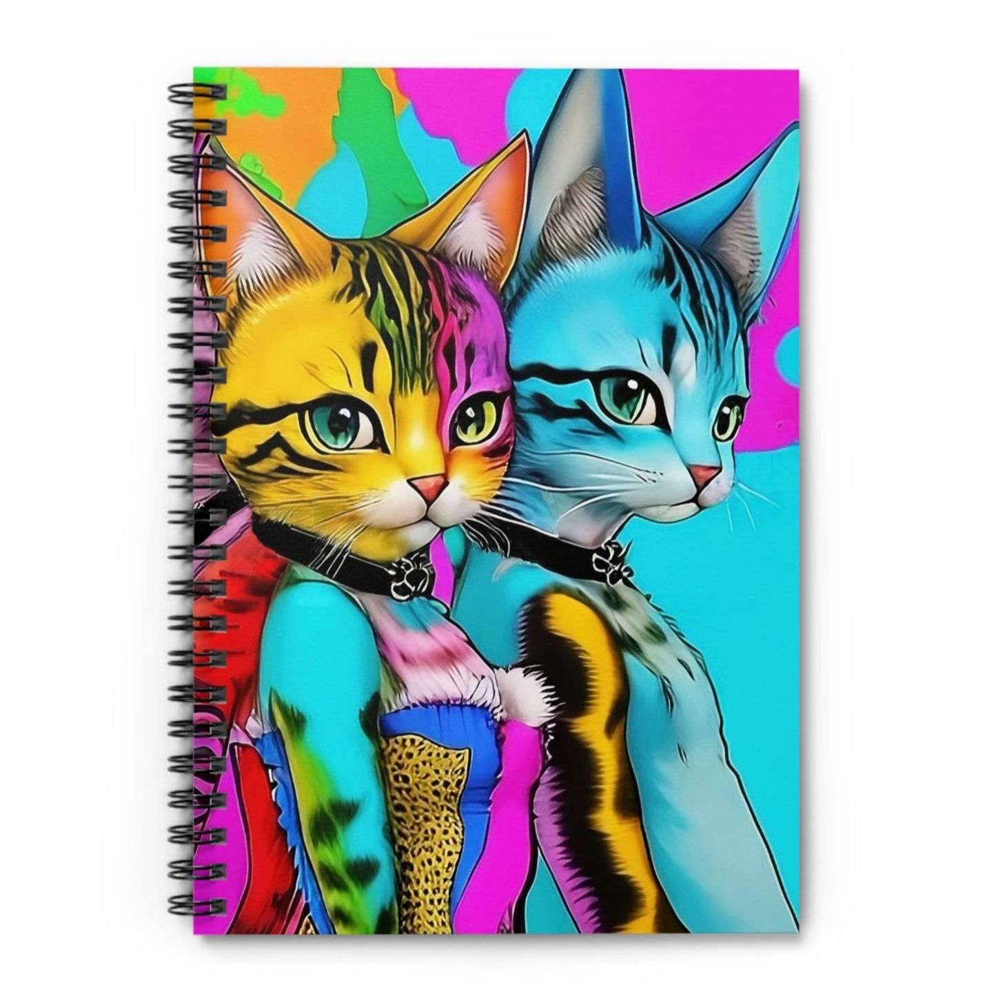 Futuristic illustration of two cool cats in colorful clothing on the cover of a blank spiral notebook.