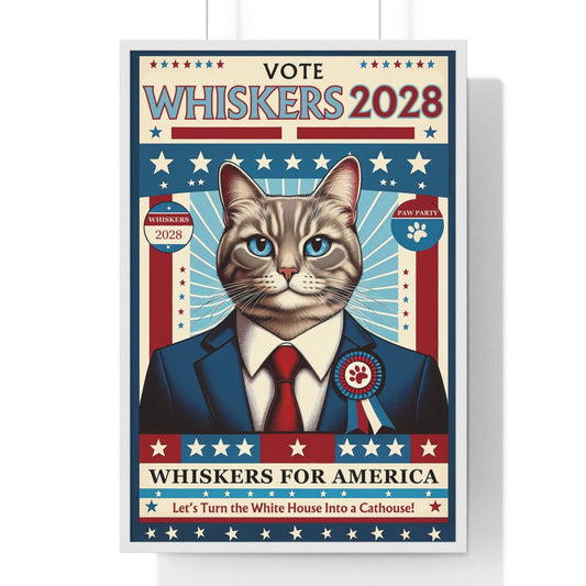 Framed poster featuring a retro-style campaign image of Whiskers the cat, dressed in a suit, running for president.