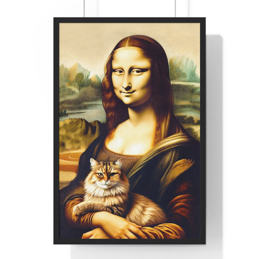 Framed poster featuring the Mona Lisa holding a cozy cat on her lap, adding a playful twist to the classic painting.