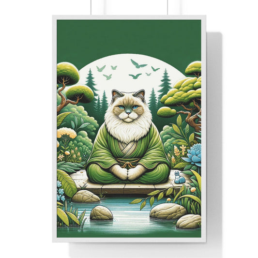 Framed poster featuring a meditative cat sitting cross-legged in a peaceful garden.