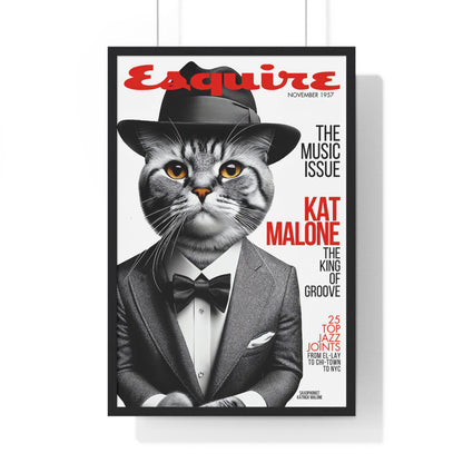 Framed poster featuring a stylish cat playing jazz saxophone, designed in a retro magazine style.