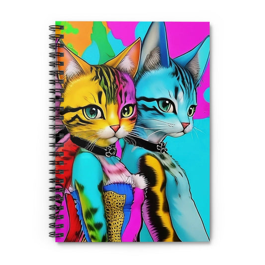 Futuristic illustration of two cool cats in colorful clothing on the cover of a blank spiral notebook.