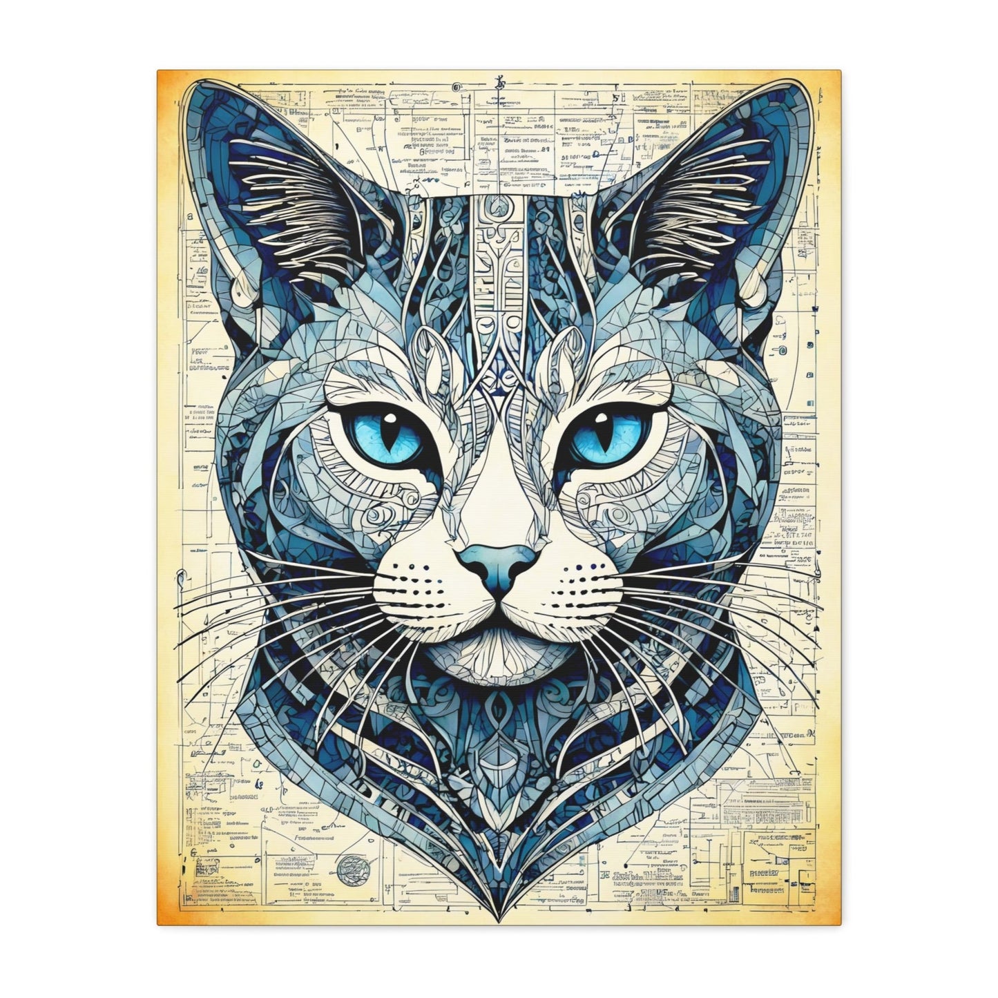 Striking cat portrait with an intense gaze on a stretched matte canvas.