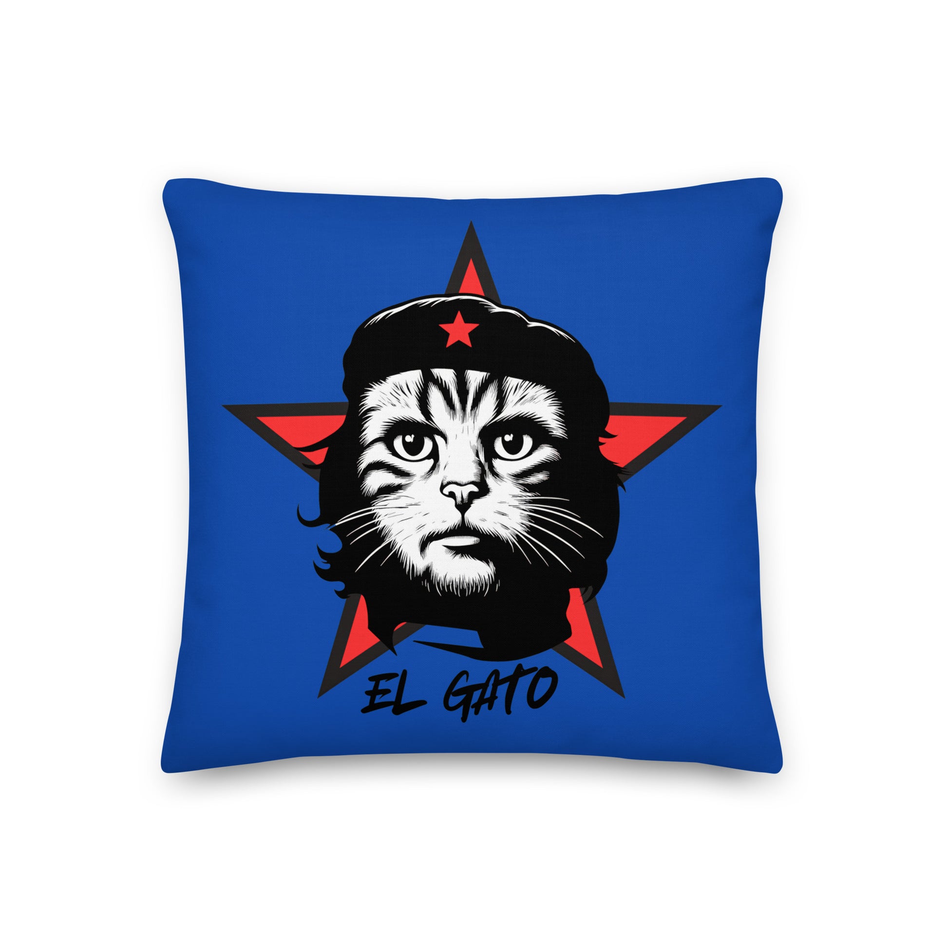 Throw pillow featuring a revolutionary cat design inspired by Che Guevara, with bold red and blue colors.