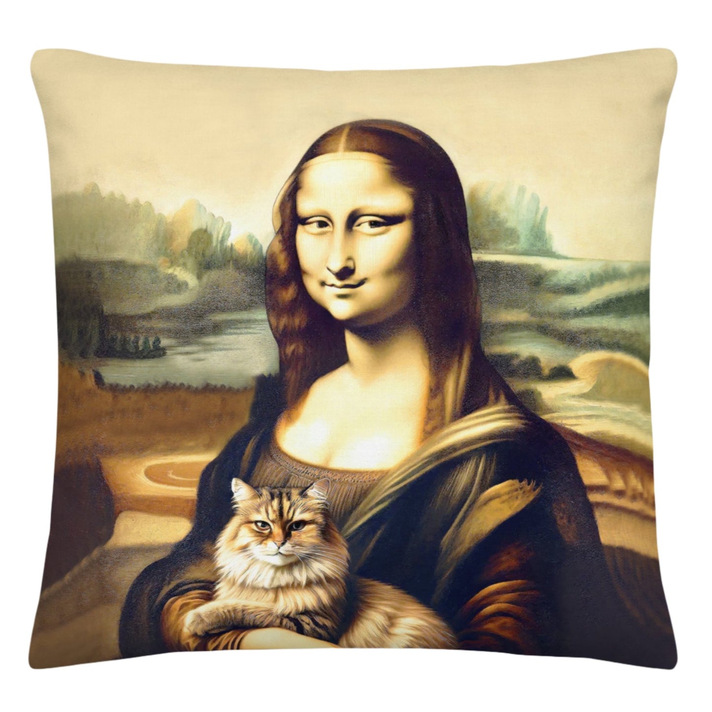 Throw pillow featuring the Mona Lisa with a content cat sitting on her lap, adding a humorous twist to the classic painting.