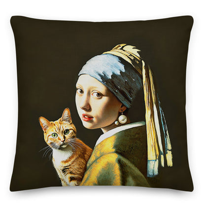 Throw pillow featuring a playful version of Vermeer’s 'Girl with a Pearl Earring,' holding a cozy cat.