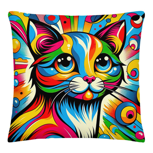 Throw pillow with a vibrant, abstract cat portrait inspired by the psychedelic art of the 1960s.