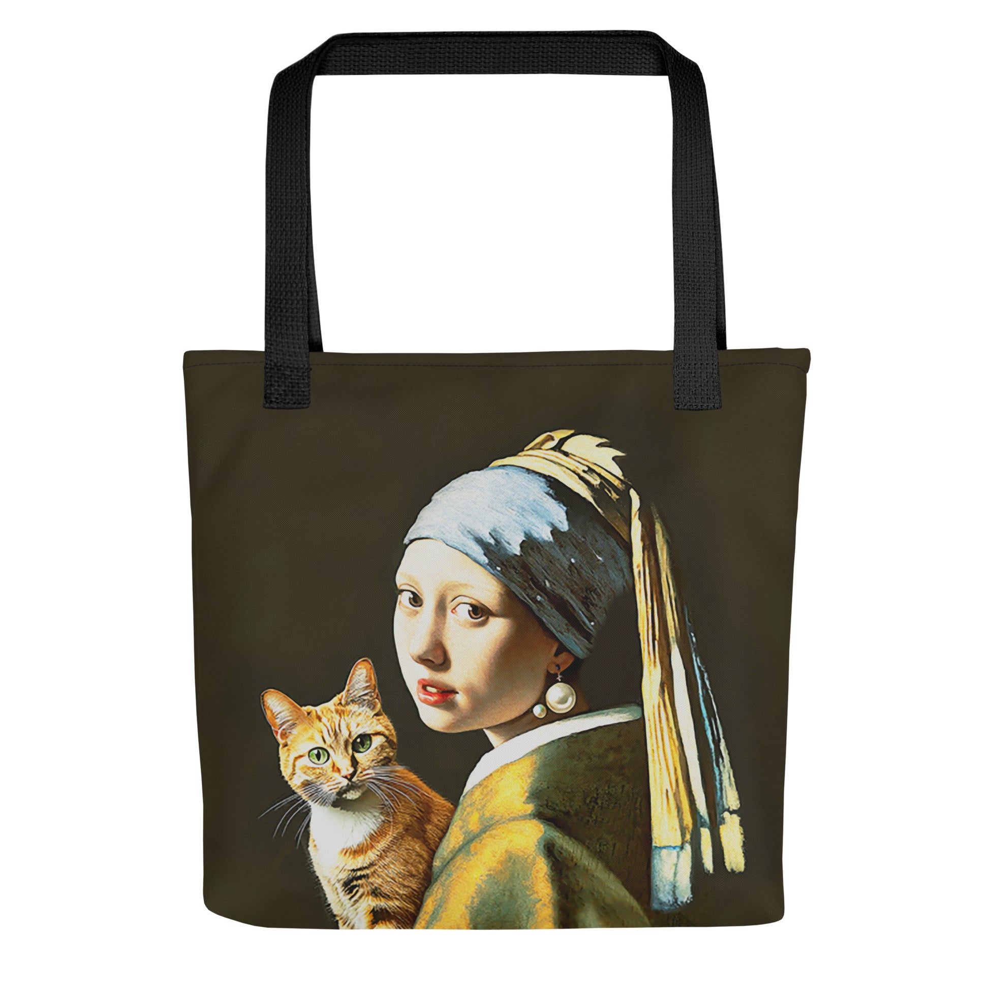 Tote bag featuring a playful version of Vermeer’s 'Girl with a Pearl Earring,' holding a cozy cat.