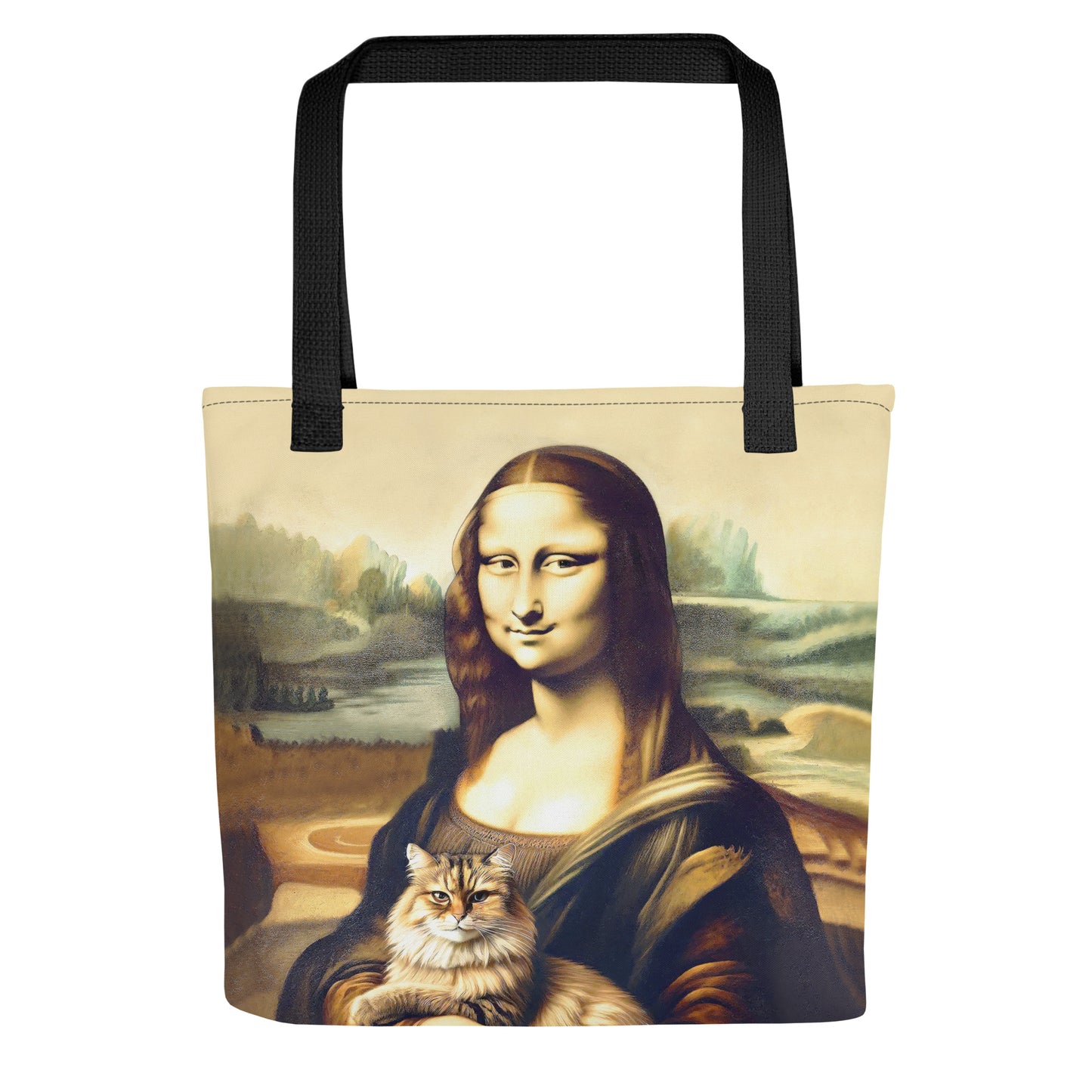 Tote bag featuring the Mona Lisa with a cat, blending a whimsical twist on the famous painting.