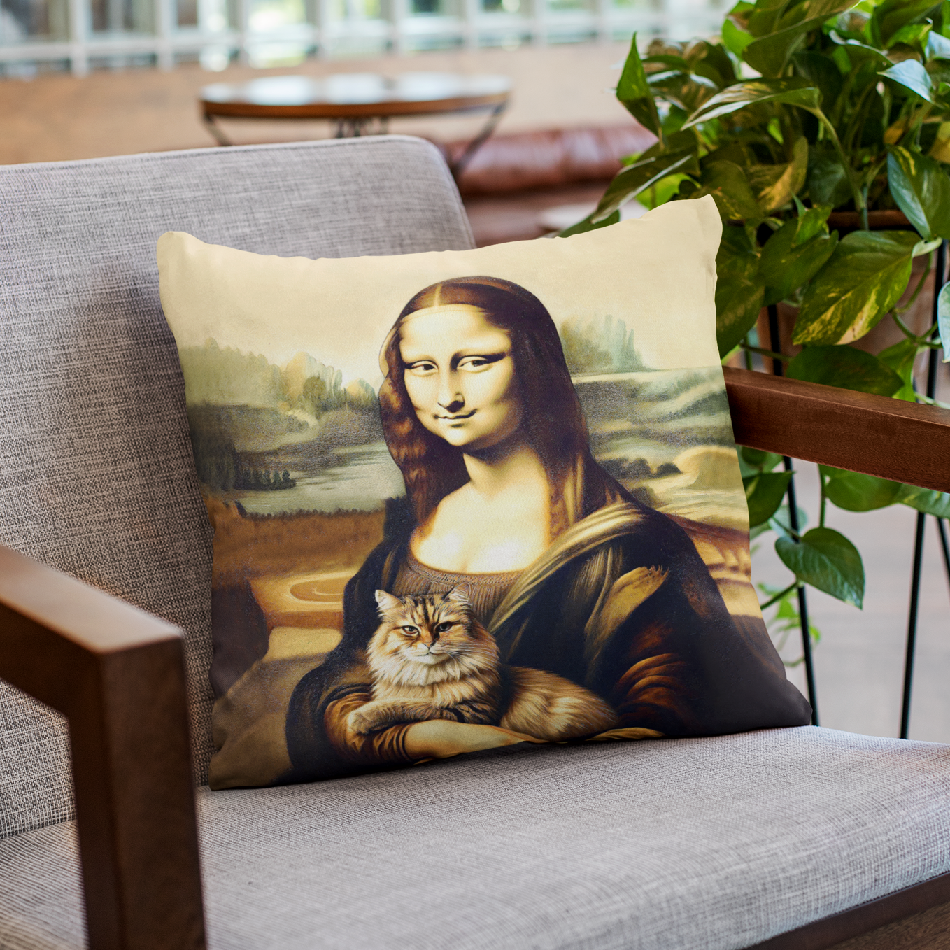 "Mona Lisa + Cat" - Luxury Throw Pillow (2 sizes)