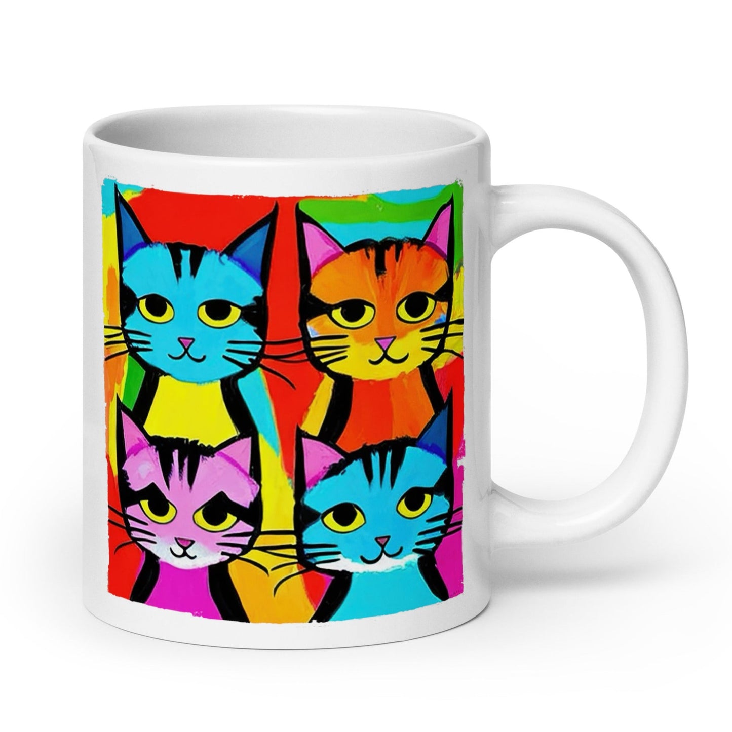 White glossy mug featuring a colorful grid of four cat portraits inspired by 1960s pop art.