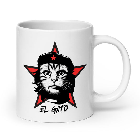 White glossy mug with a cat posed like Che Guevara and 'El Gato' text beneath the image.